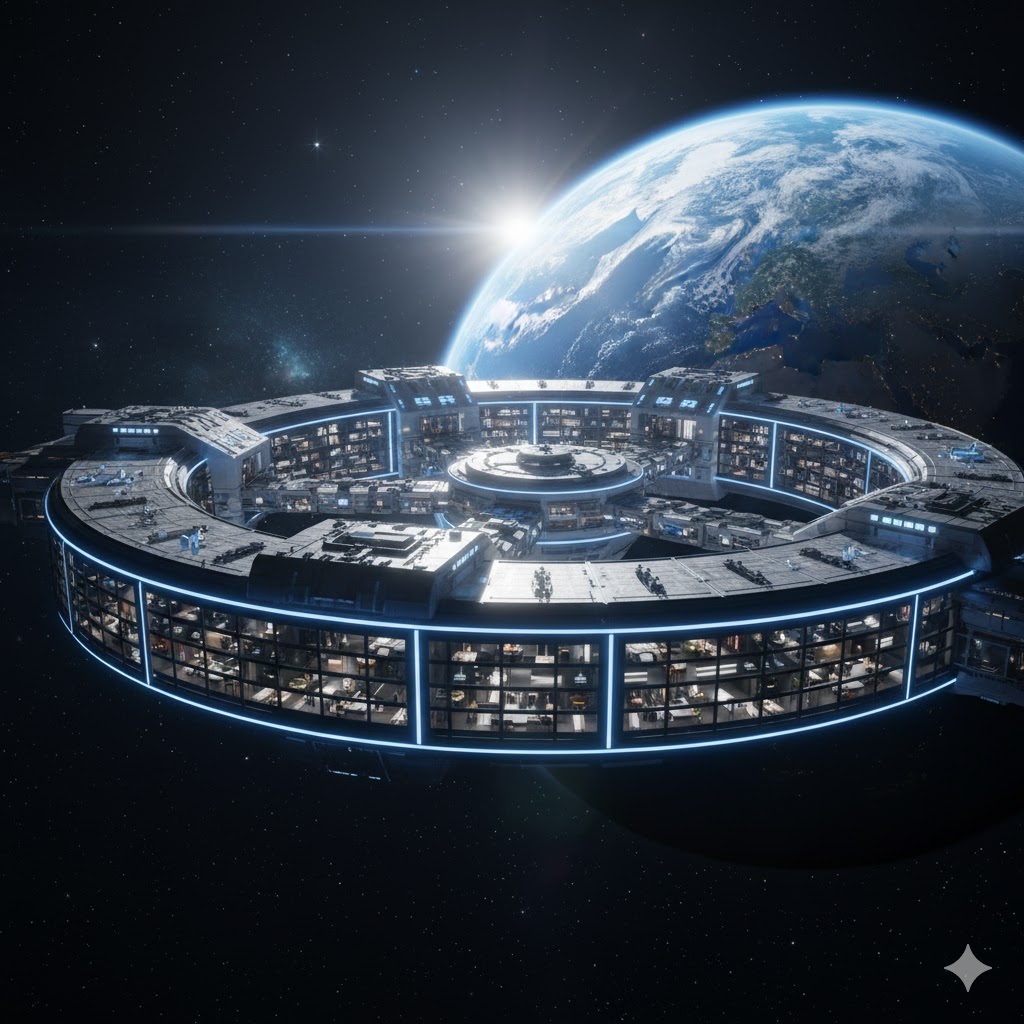 Voyager Station space hotel orbiting Earth with rotating ring structure and panoramic windows