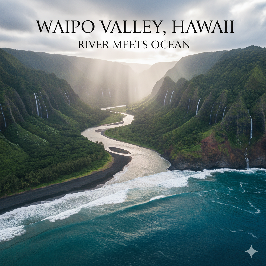 Waipio Valley Hawaii seasonal black sand beach during river flooding