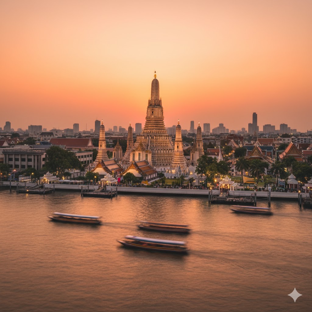 Wat Arun temple and Chao Phraya River at sunset, Bangkok, Thailand