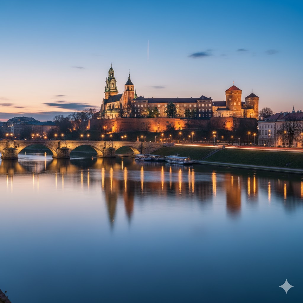 Wawel Castle reflected in the Vistula River, Kraków, Poland