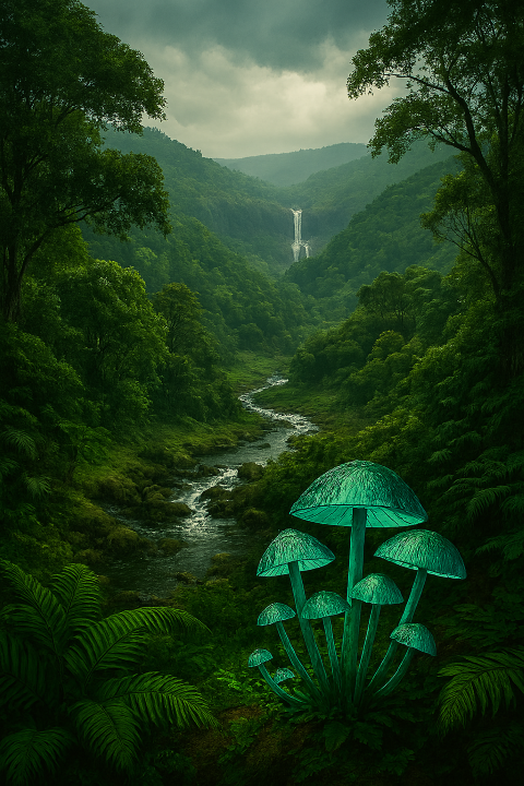 Western Ghats Misty-hills-of-the-Western-Ghats-with-lush-forests,-winding-river,-cascading-waterfall,-and-glowing-mushrooms