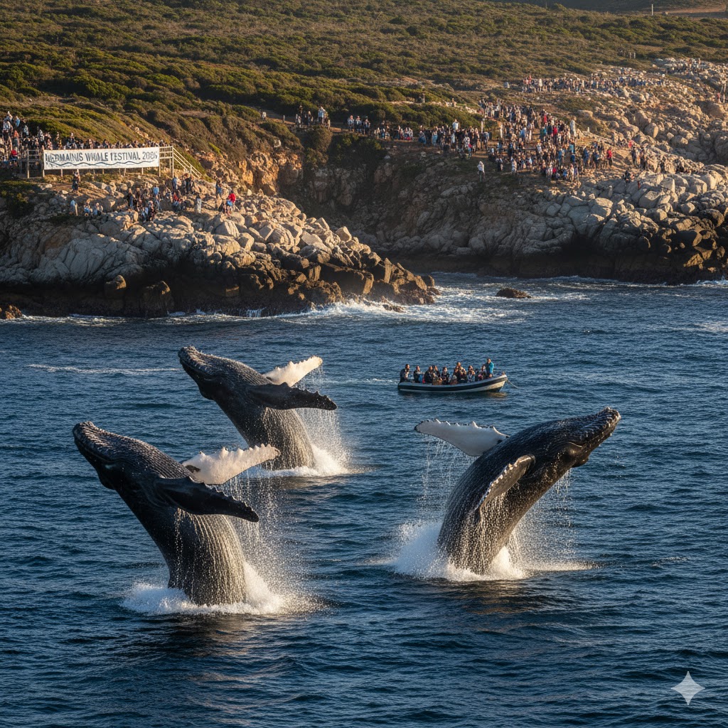 Whales breaching near coast during Hermanus Whale Festival 2026