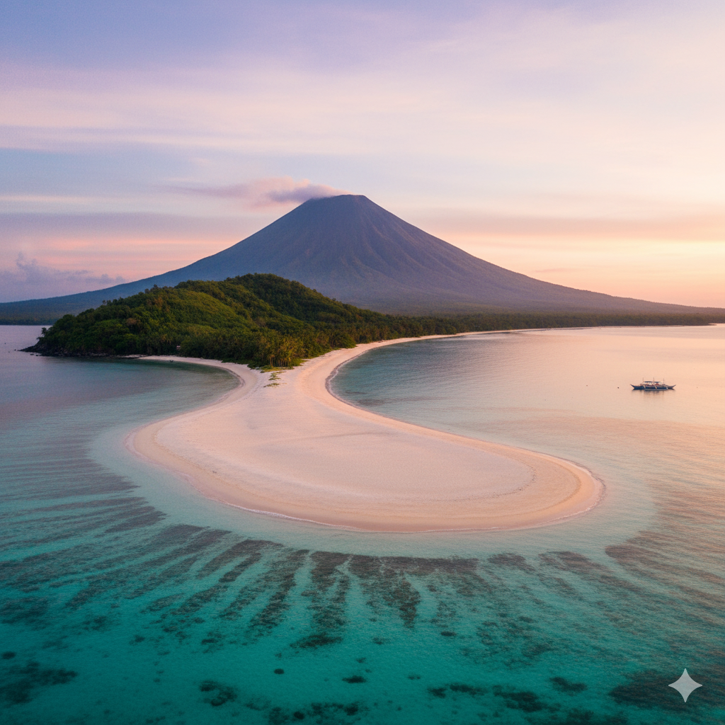 White Island Camiguin sandbar with volcano backdrop, uninhabited horseshoe-shaped beach in the Philippines