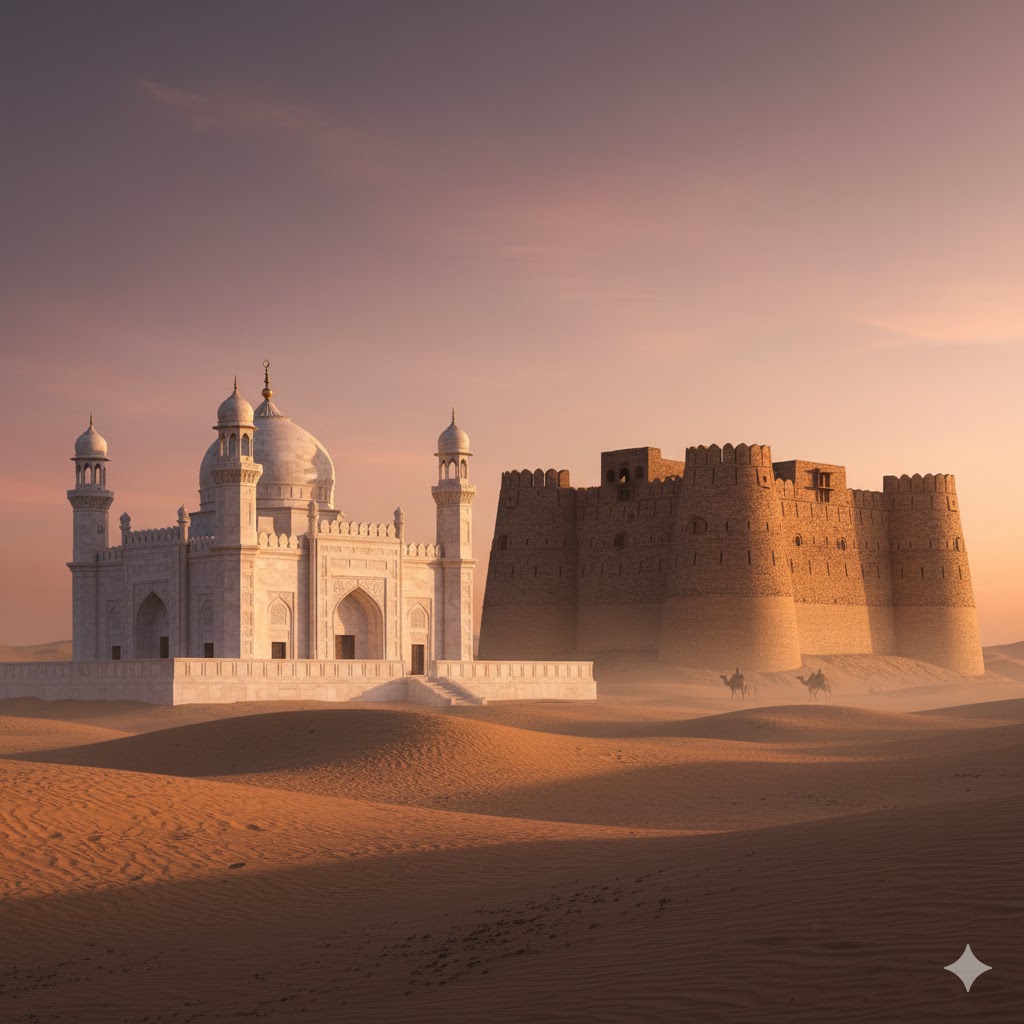 White marble Abbasi Mosque standing beside Derawar Fort under warm evening light in Bahawalpur Desert.