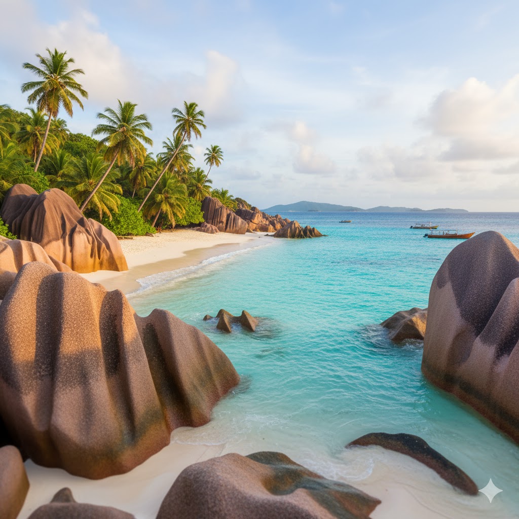 White sand beach and crystal-clear turquoise waters at Anse Source d’Argent, Seychelles