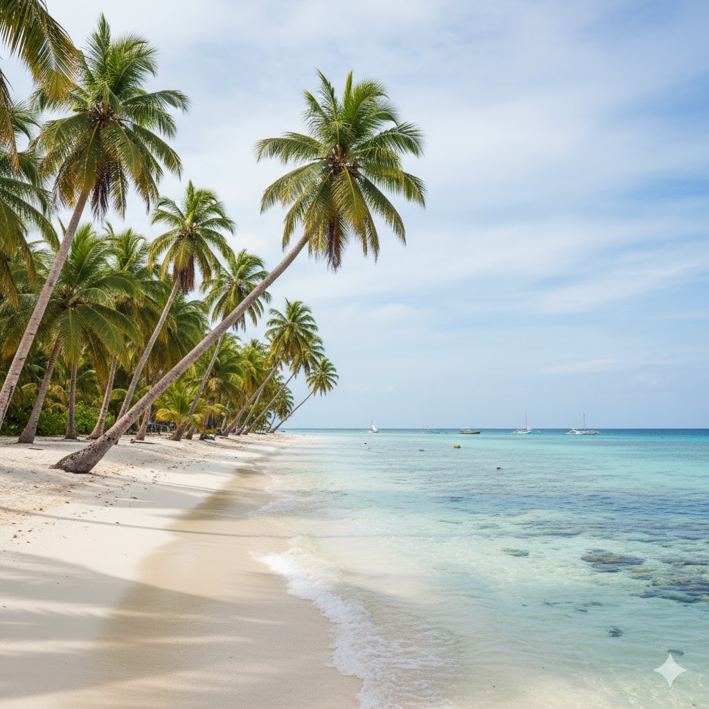 White sand beach and palm trees on Cocos Islands