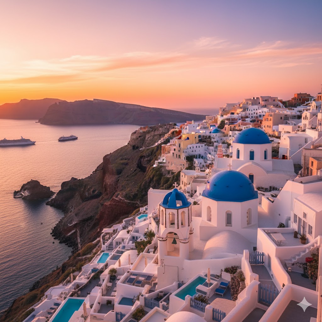 Whitewashed houses and blue domes of Oia, Santorini, Greece