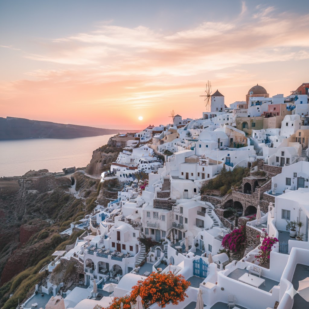 Whitewashed houses of Santorini overlooking the Aegean Sea during a May sunset