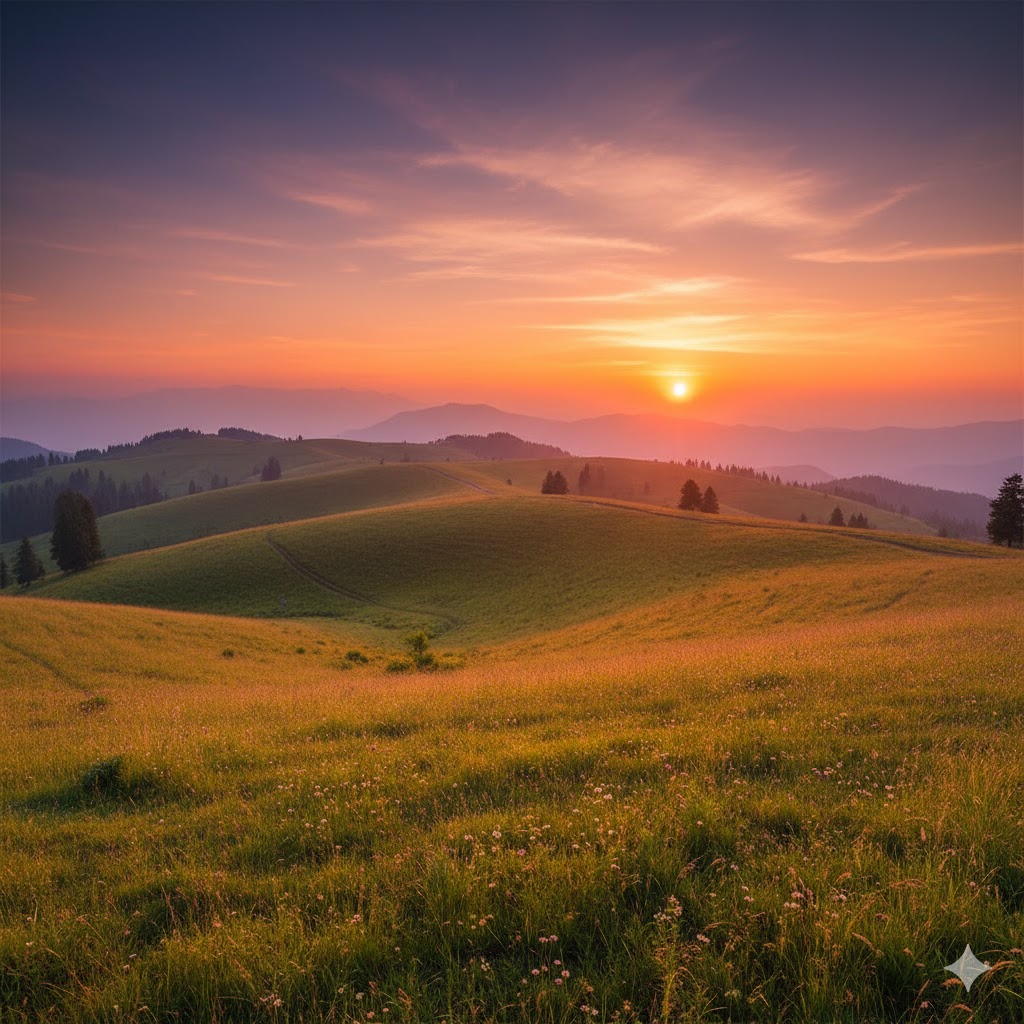 Wide-angle photo of Toli Pir meadows under golden sunset skies