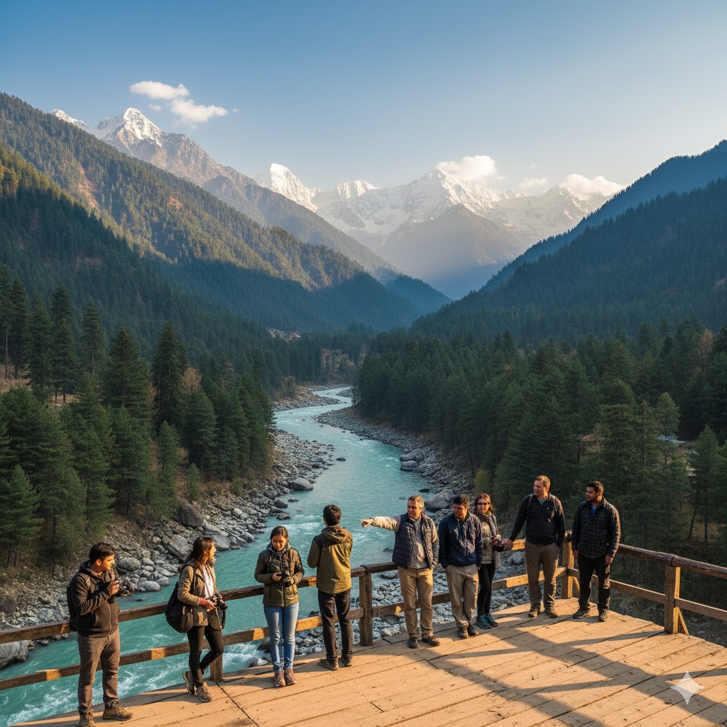 Wide-angle view of travelers overlooking the Neelum River from a wooden deck