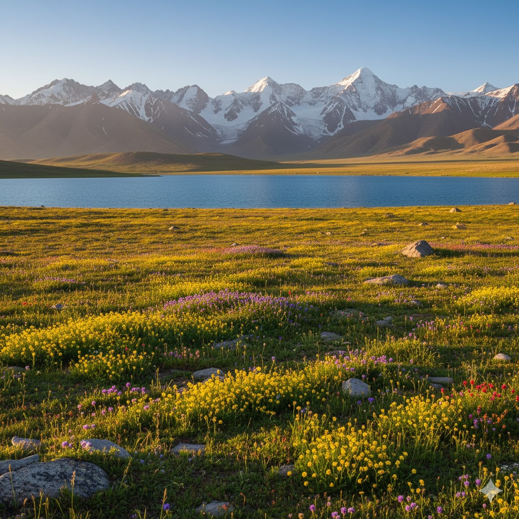 Wide shot of Sheosar Lake amid Deosai Plains with wildflowers and snow peaks