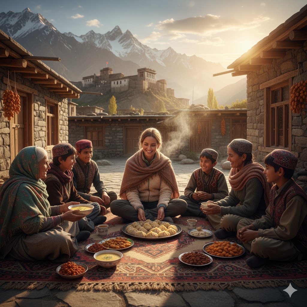 Wide shot of traveler sharing food with locals in Hunza village courtyard at sunset.