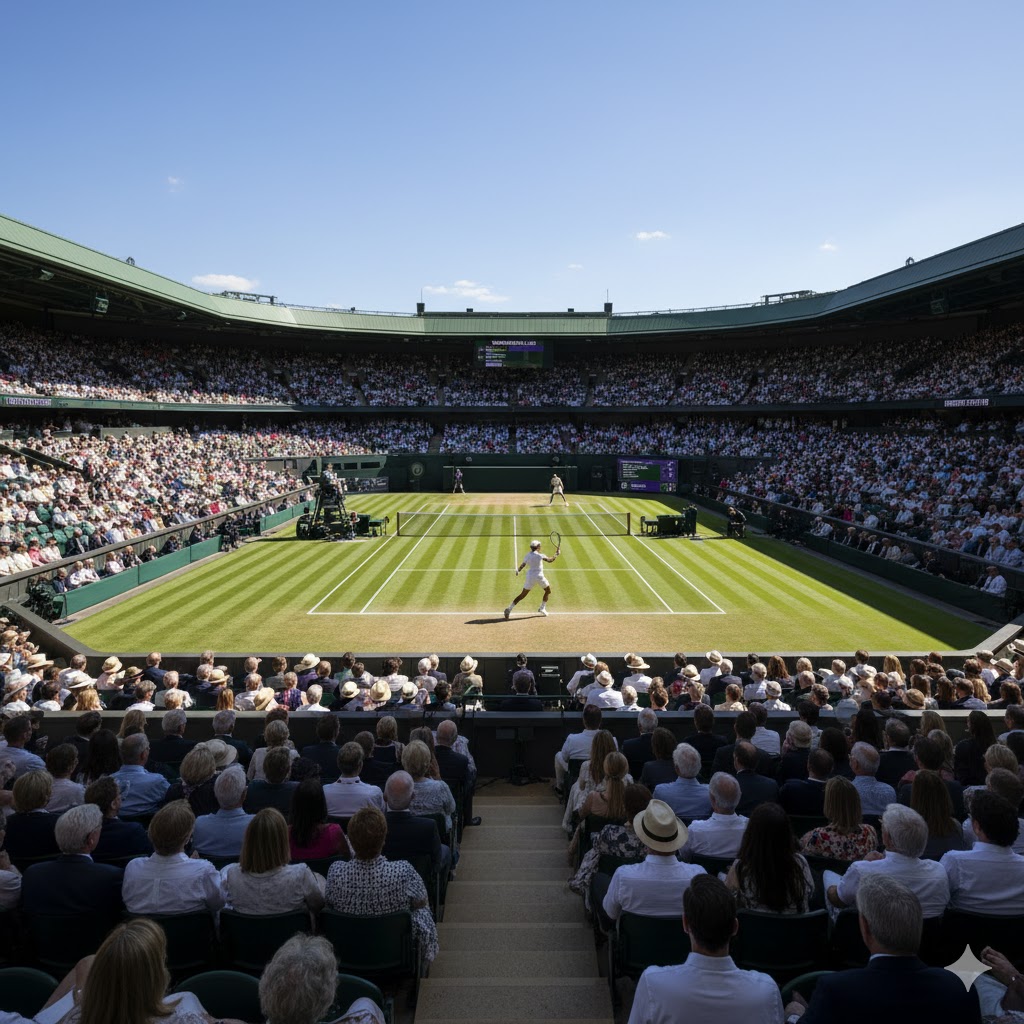 Wimbledon Centre Court with green grass and audience under clear blue sky during Wimbledon 2026 London