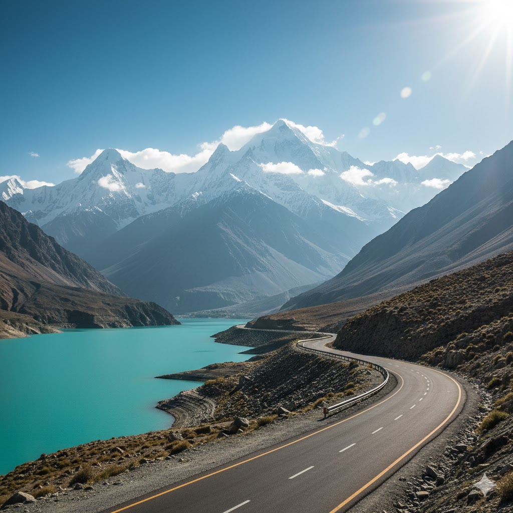 Winding Karakoram Highway passing through Hunza Valley with Attabad Lake and Karakoram peaks in the background Winding Karakoram Highway passing through Hunza Valley with Attabad Lake and Karakoram peaks in the background