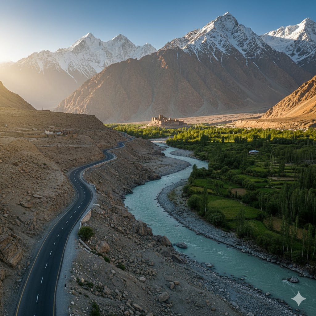 Winding road along Shigar River with mountains in the background and Shigar Fort visible in the distance. Winding road along Shigar River with mountains in the background and Shigar Fort visible in the distance.