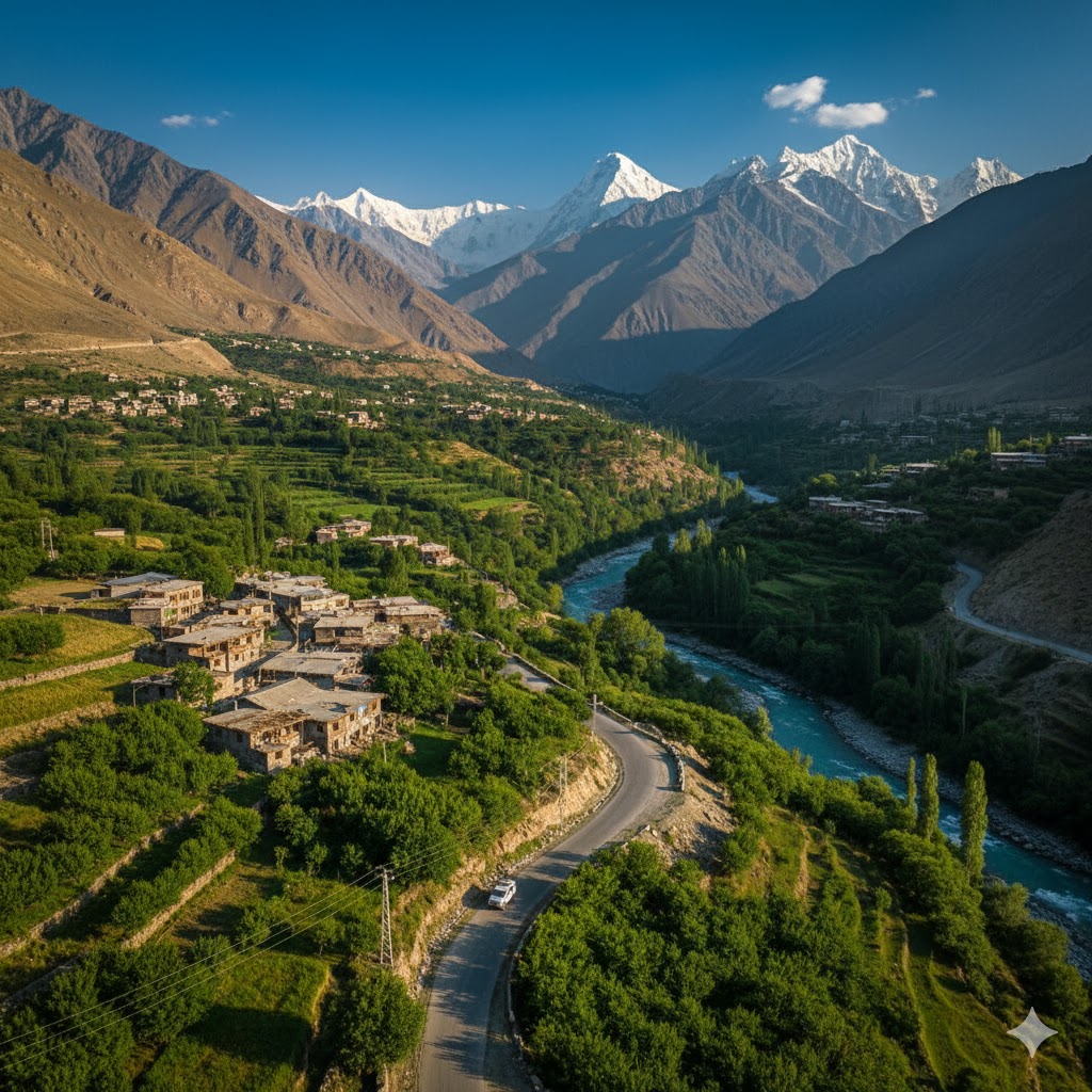 Winding road through Gupis to Yasin Valley with orchards, traditional villages, and distant mountain peaks Winding road through Gupis to Yasin Valley with orchards, traditional villages, and distant mountain peaks