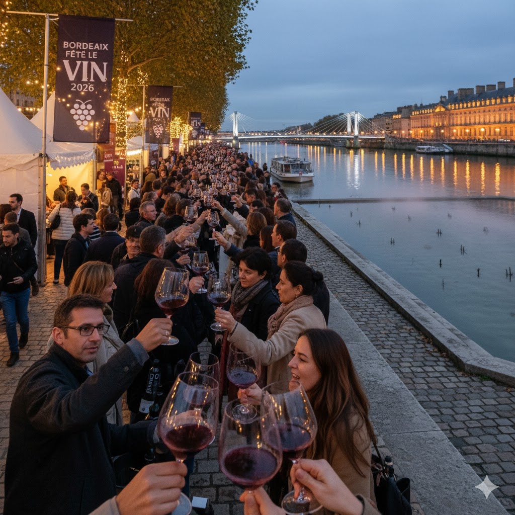 Wine glasses at Bordeaux Wine Festival 2026 along Garonne River