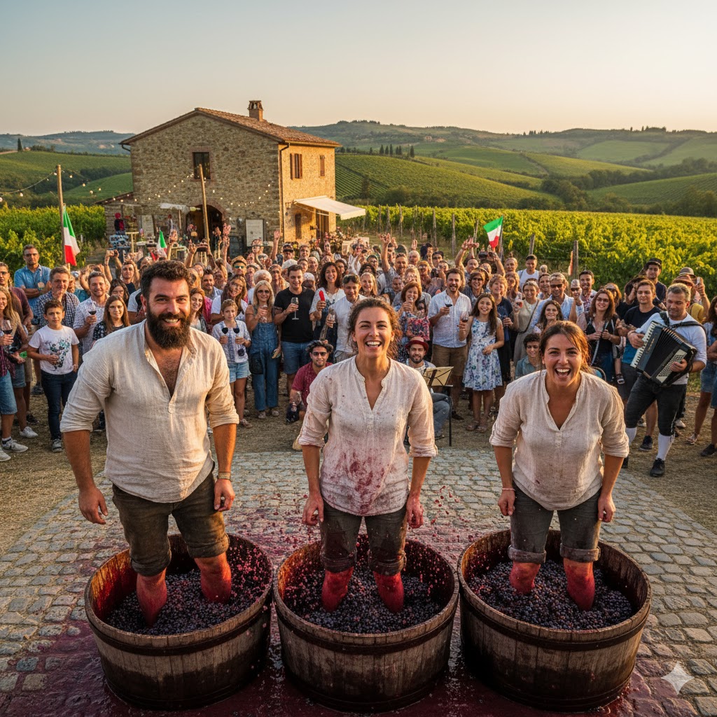 Winemakers stomping grapes during vineyard harvest festival in Tuscany