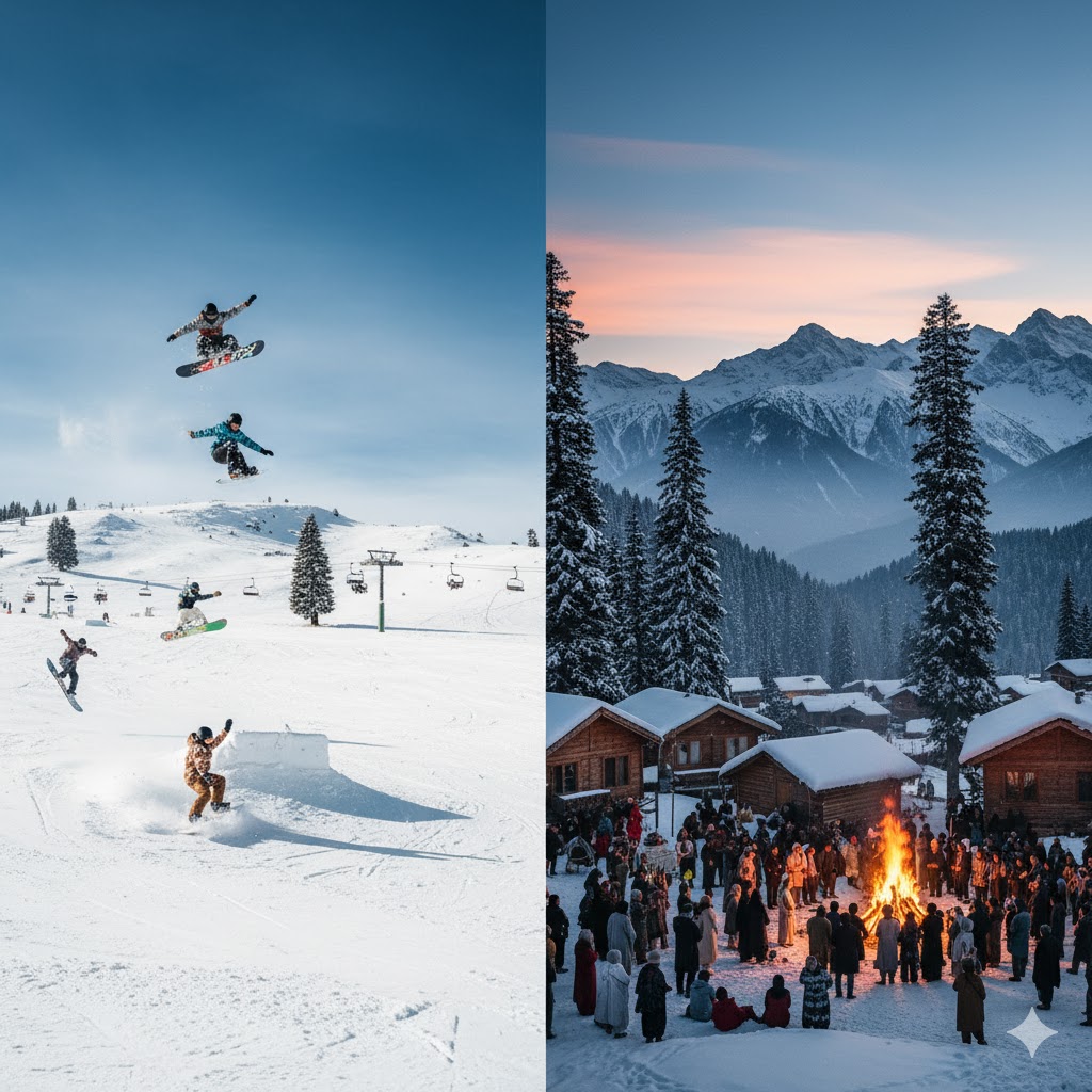 Winter Sports Festival at Ganga Choti and Arang Kel with snowboarders and traditional Kashmiri bonfires