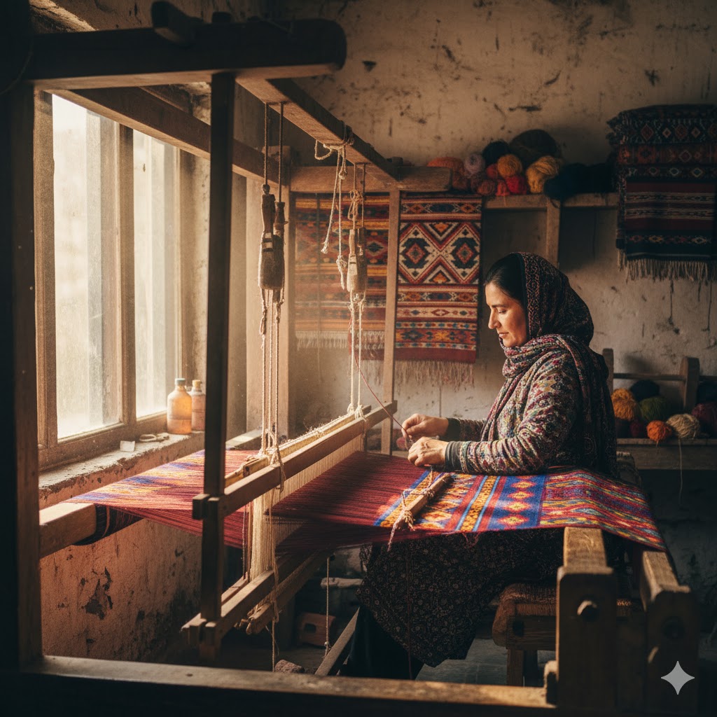Woman weaving wool on a traditional loom in Kaghan Valley workshop