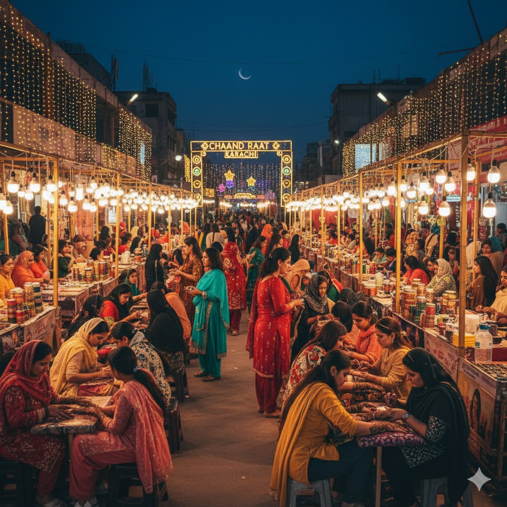 Women applying mehndi at Chaand Raat stalls in Karachi