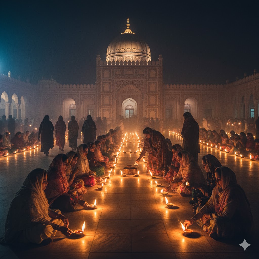 Women devotees lighting oil lamps at Mai Safooran’s memorial during a night zikr in Khairpur