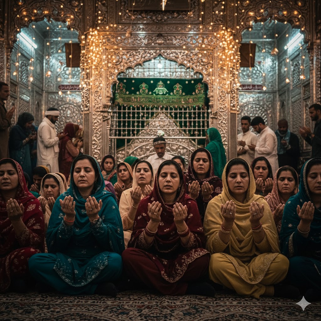 Women devotees praying at Bibi Pak Daman shrine in Lahore.