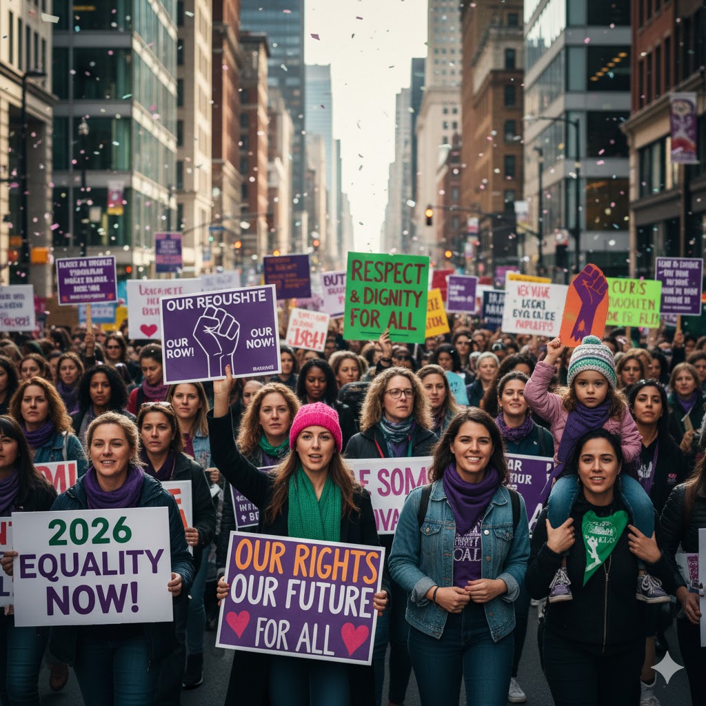 Women holding placards during International Women’s Day march 2026