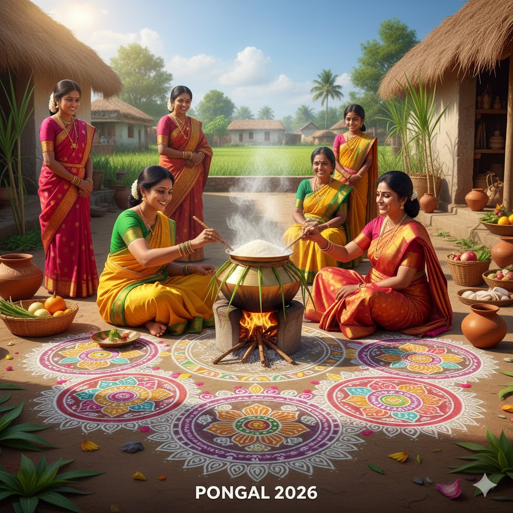 Women making traditional Pongal dish outdoors surrounded by kolam designs 2026