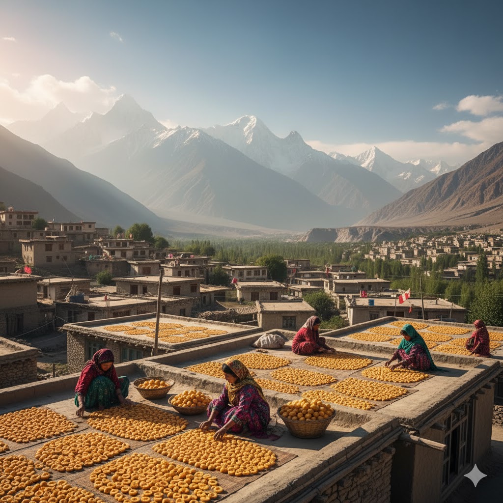 Women spreading apricots on rooftops in Skardu during harvest season