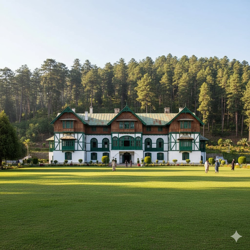 Wooden Ziarat Residency with green lawn and pine backdrop on a sunny morning