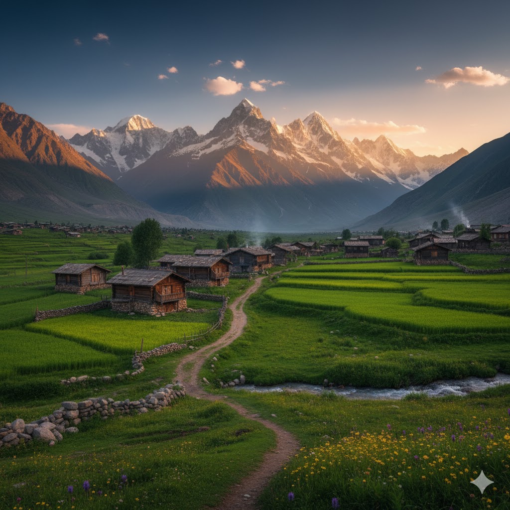 Wooden cottages of Domel village surrounded by lush green fields and snowcapped mountains