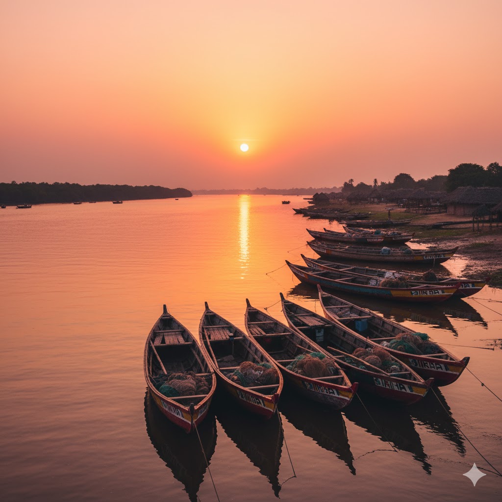 Wooden fishing boats along Gambia River at sunset