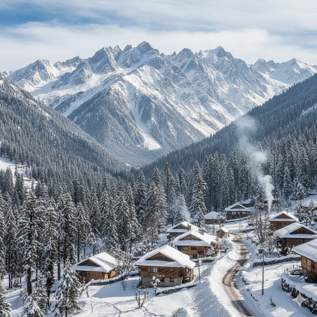 Wooden houses of Leepa Valley under snow-capped peaks and pine forests