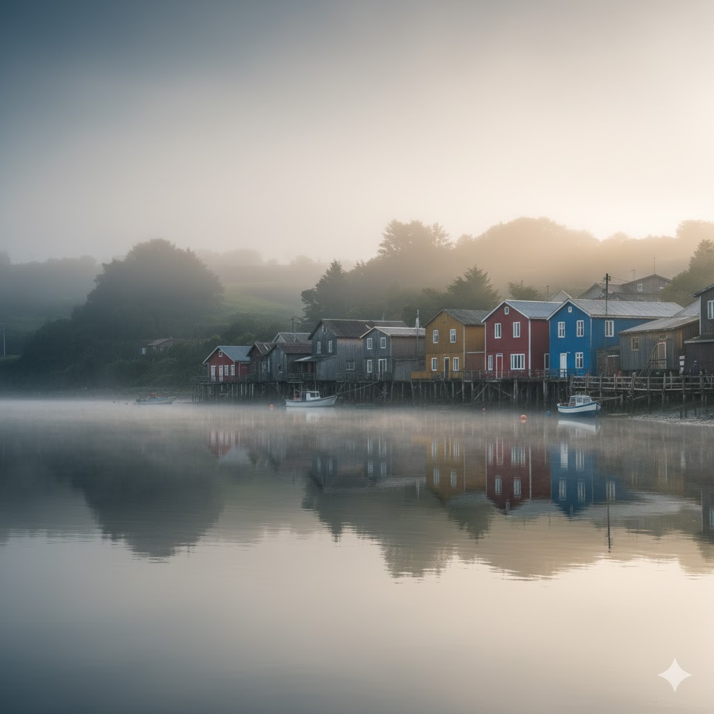 Wooden stilt houses reflecting in water on the misty shores of Chiloe Island, Chile. 