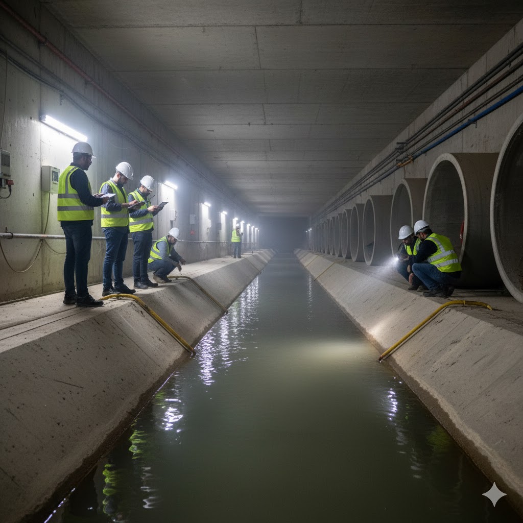 Workers inspecting underground water channels during final testing phase in Jeddah’s Al Hamdaniya District.