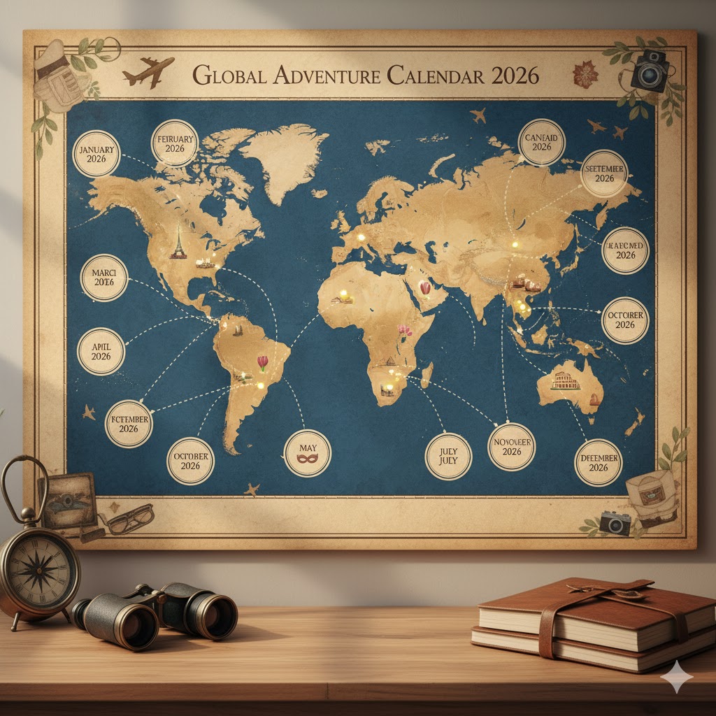 World map marked with top travel destinations for each month of 2026