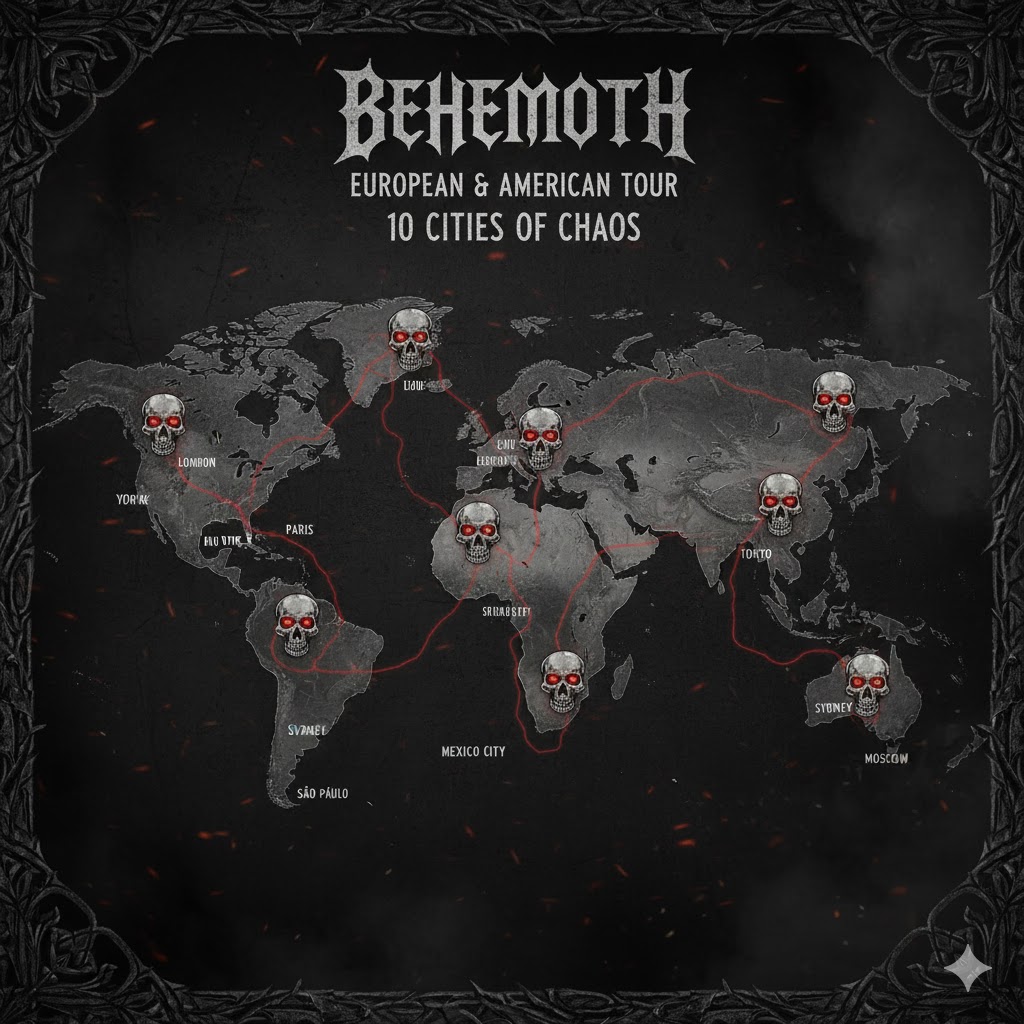 World map showing 10 tour cities highlighted with metal skull icons