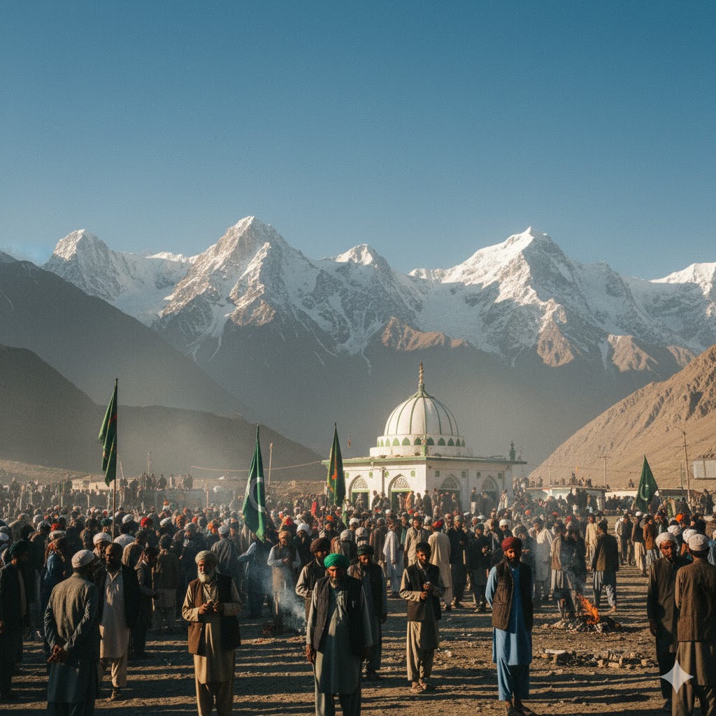Worshippers and travelers gathered at Baba Ghundi Shrine under Pamir peaks during the festival in Hunza 2026