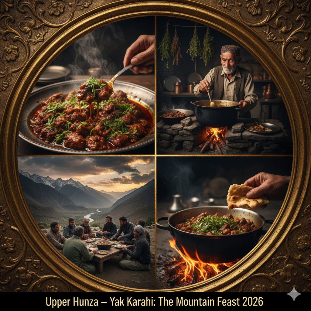  Yak Karahi served in a steel platter with mountain herbs in Upper Hunza
