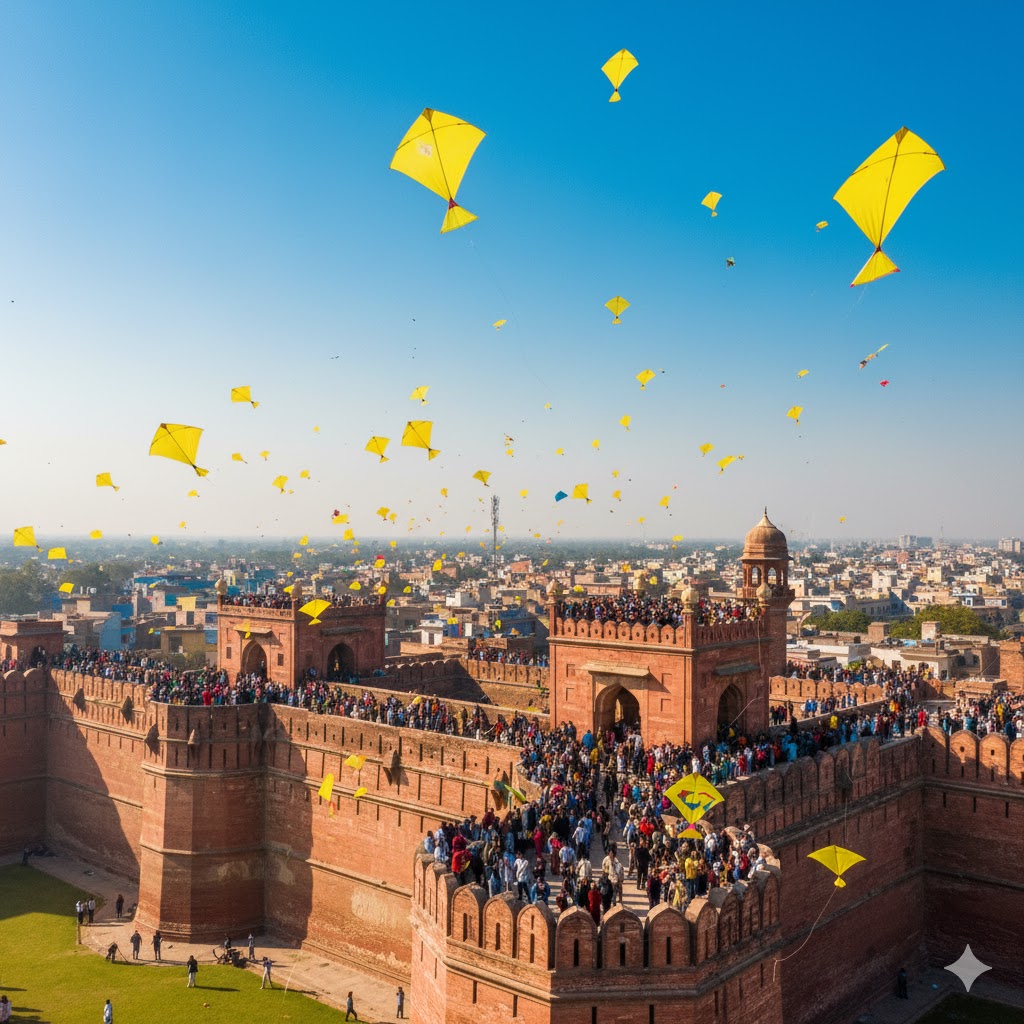Yellow kites soaring over Lahore Fort during Basant Festival celebrations in springtime. Yellow kites soaring over Lahore Fort during Basant Festival celebrations in springtime.