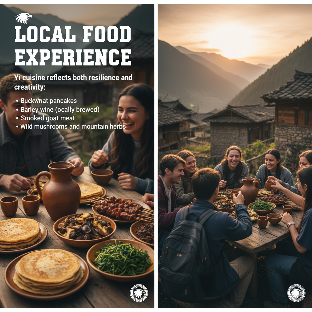 Yi cuisine -  Buckwheat pancakes, Barley wine (locally brewed), Smoked goat meat, Wild mushrooms and mountain herbs 