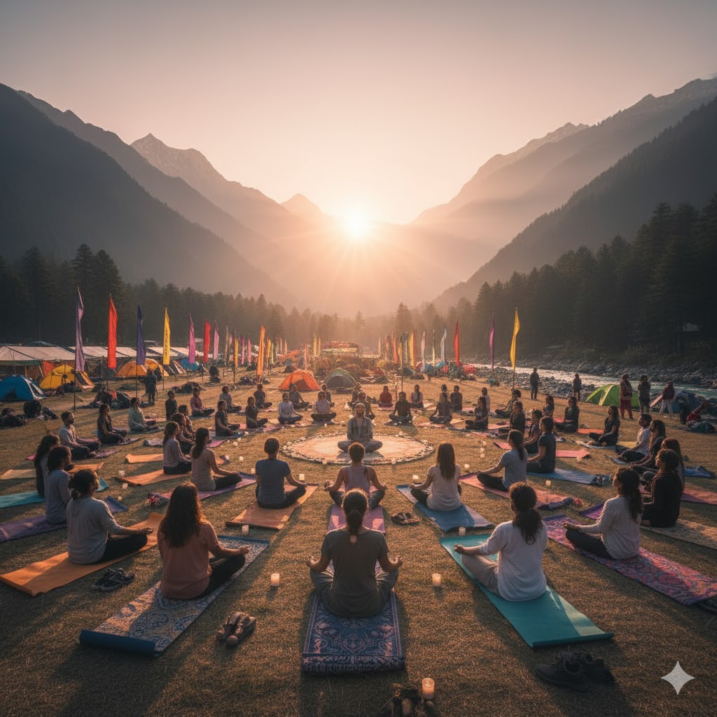 Yoga and meditation circle at Freedom Festival Kasol during sunrise