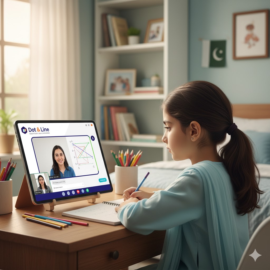 Young Pakistani student attending a Dot & Line online math class