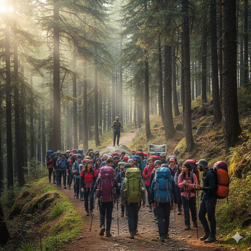 Young hikers attending Pakistan Backpackers Summit in Nathiagali forest trail