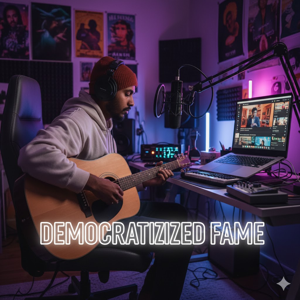 Young independent artist recording music at home studio with TikTok open on laptop, symbolizing democratized fame