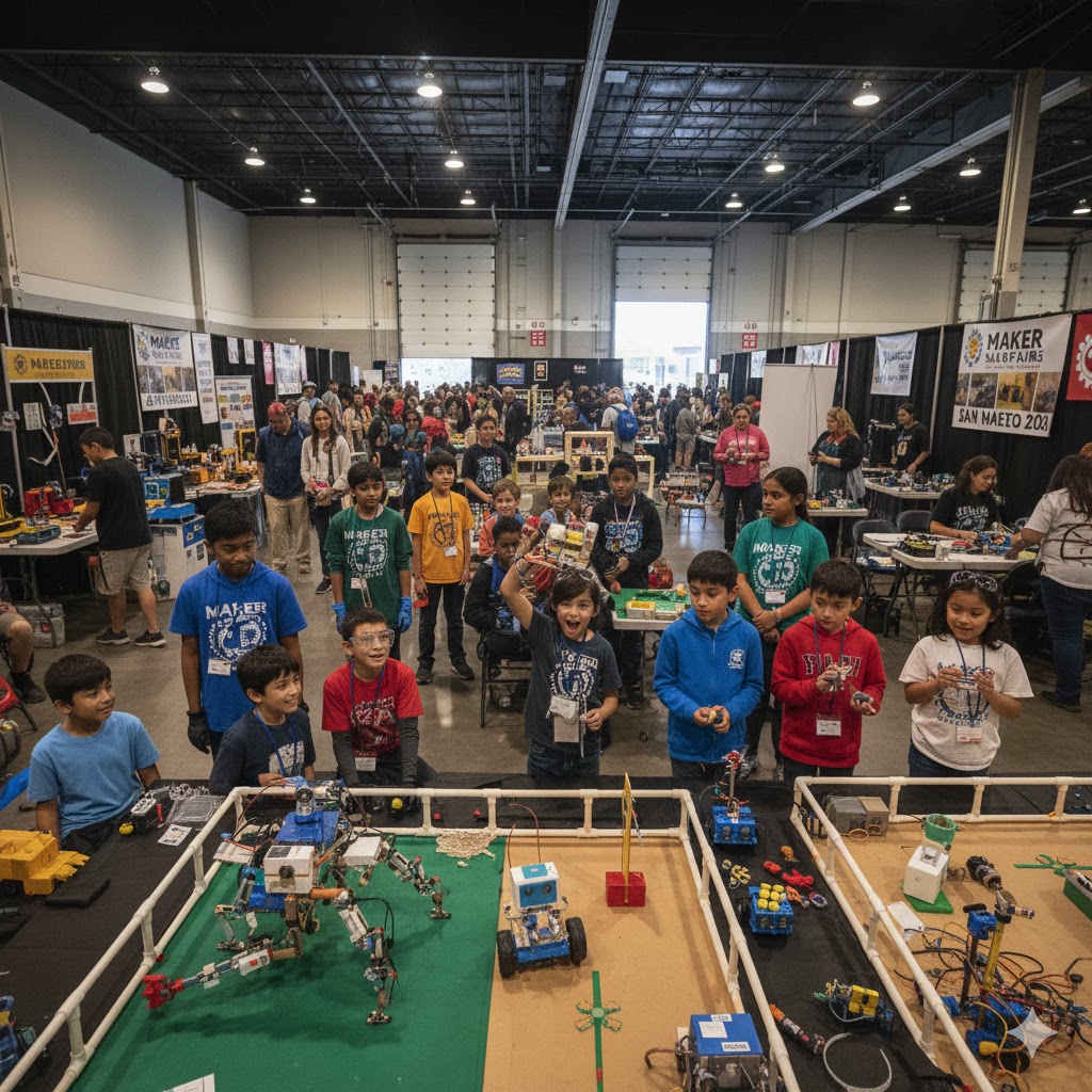 Young innovators testing homemade robots at Maker Faire San Mateo