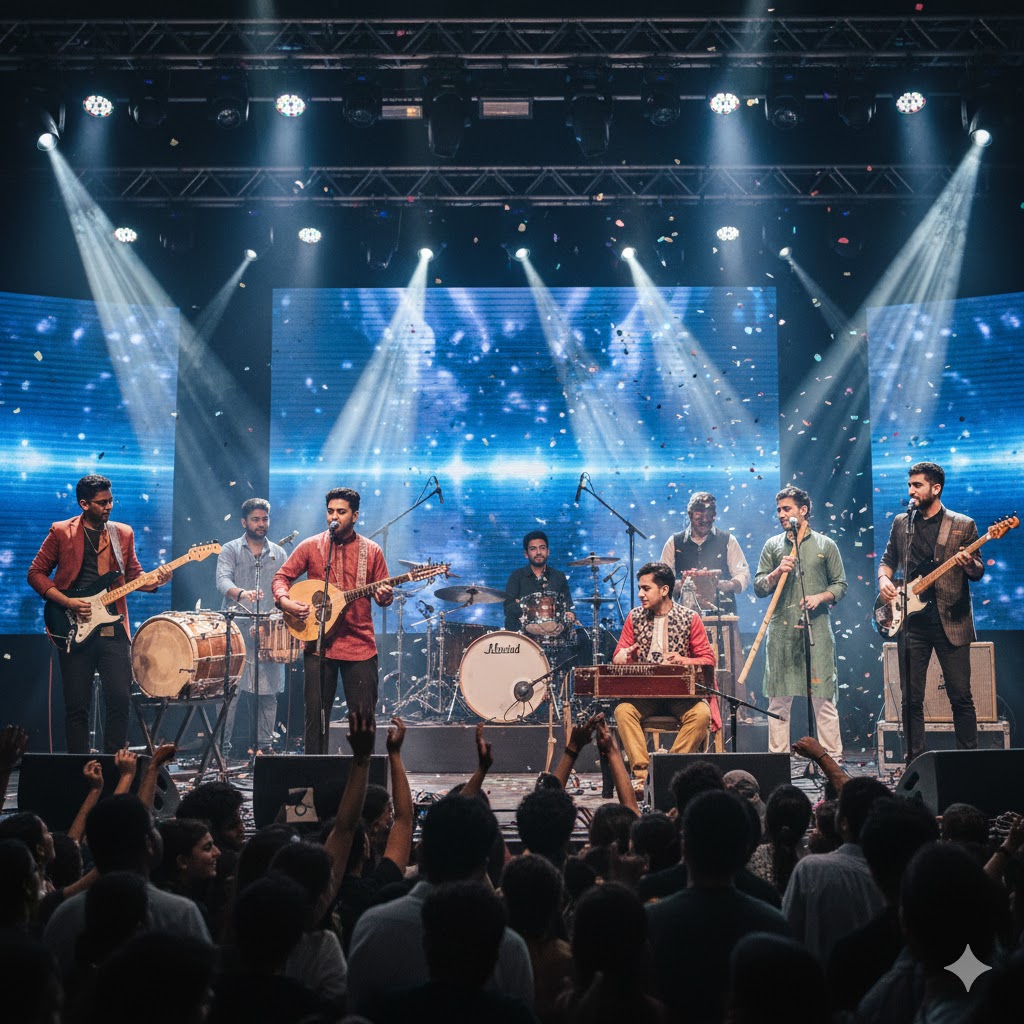 Young musicians performing on Coke Studio Pakistan stage with modern lighting and traditional instruments side by side. Young musicians performing on Coke Studio Pakistan stage with modern lighting and traditional instruments side by side.