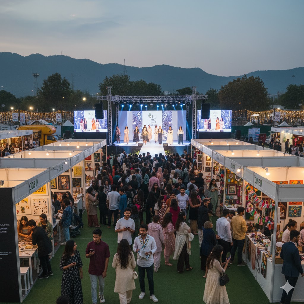 Youth crowd enjoying Olive 19 festival in Islamabad with live fashion show and creative art booths