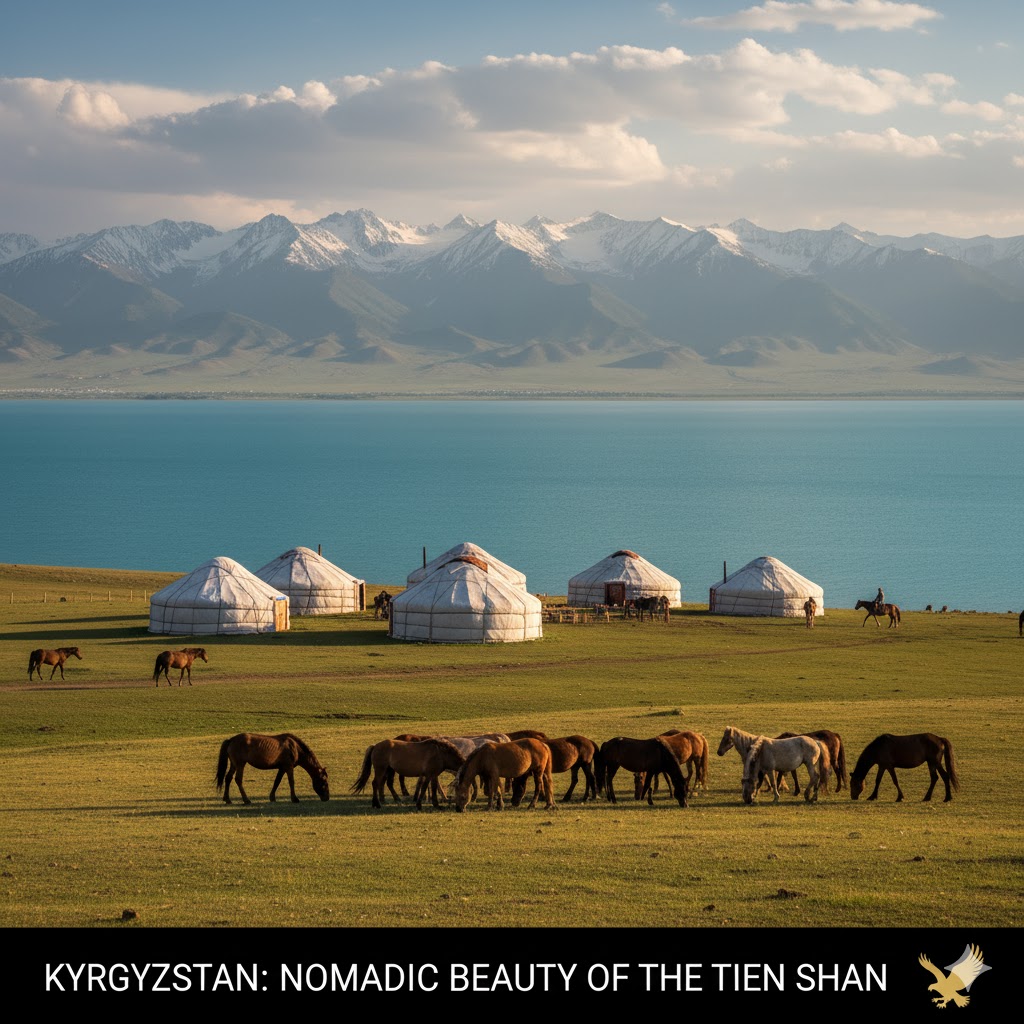Yurt camp and horses near Issyk-Kul Lake, Kyrgyzstan mountains